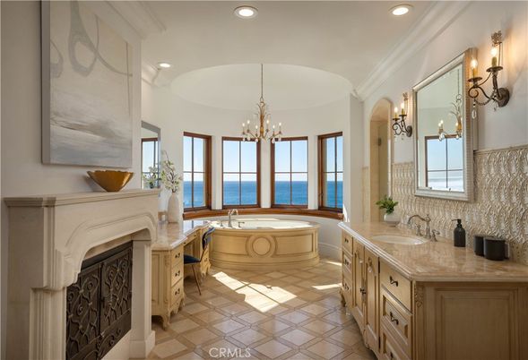 Bathroom, Chandelier, Dual Sink Vanities, Interior, Recessed Lighting, Water