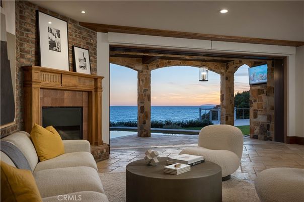 Fireplace, Interior, Living room, Recessed Lighting, Stone Walls, Water