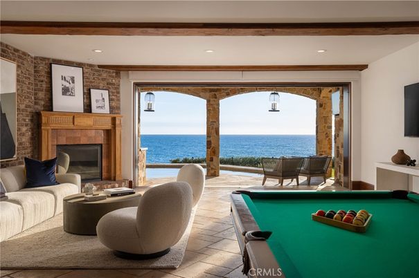 Billiard Table, Fireplace, Game Room, Interior, Recessed Lighting, Stone Walls, Water