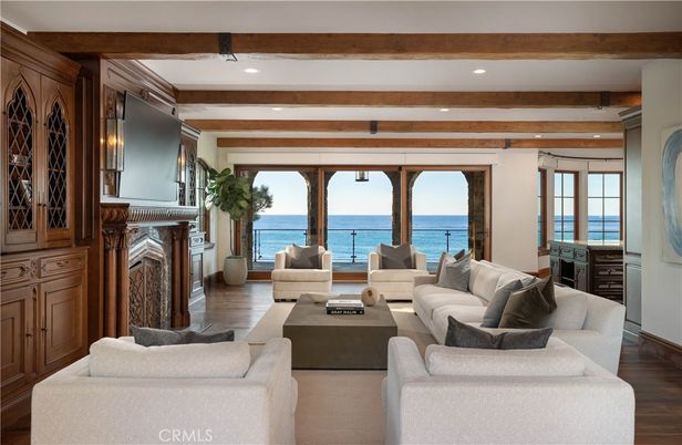 Fireplace, Interior, Living room, Recessed Lighting, Water, Wooden Beams, Wood Texture Flooring