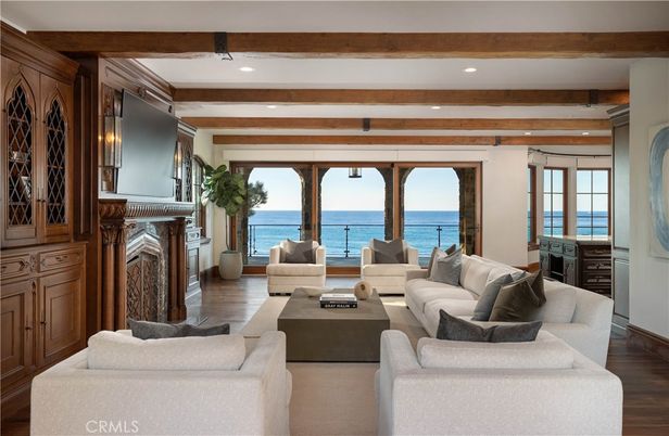 Fireplace, Interior, Living room, Recessed Lighting, Water, Wooden Beams, Wood Texture Flooring