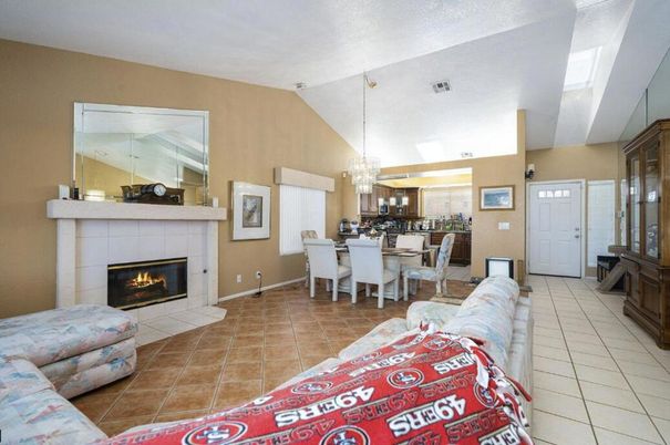 Chandelier, Dining room, Fireplace, Interior