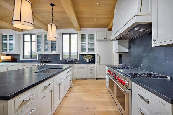 Interior, Kitchen, Pendant Lights, Recessed Lighting, Stainless Steel Appliances, Wooden Beams, Wooden Ceilings, Wood Texture Flooring