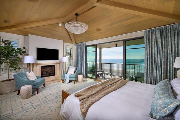 Bedroom, Fireplace, Interior, Living room, Pendant Lights, Water, Wooden Beams, Wooden Ceilings