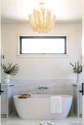 Bathroom, Chandelier, Free Standing Baths, Interior, Marble, Marble Walls
