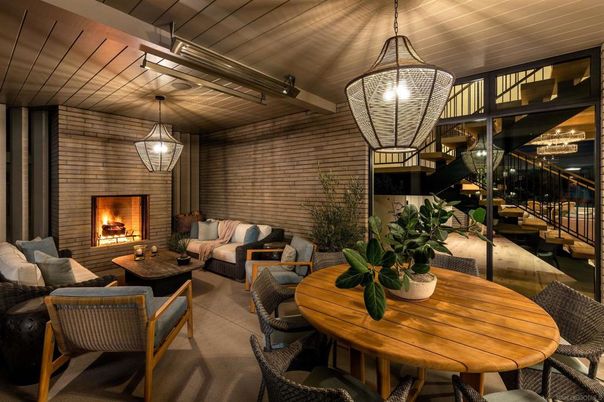 Dining room, Fireplace, Interior, Living room, Pendant Lights, Stone Walls