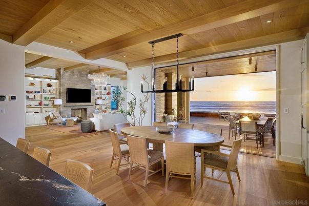 Dining room, Interior, Living room, Pendant Lights, Recessed Lighting, Stone Walls, Water, Wooden Beams, Wooden Ceilings, Wood Texture Flooring