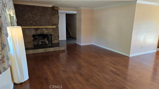 Empty room, Fireplace, Interior, Recessed Lighting, Wood Texture Flooring