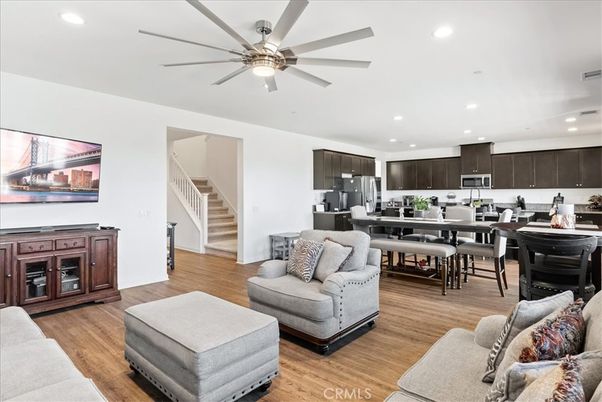 Dining room, Interior, Kitchen, Living room, Recessed Lighting, Stainless Steel Appliances, Wood Texture Flooring