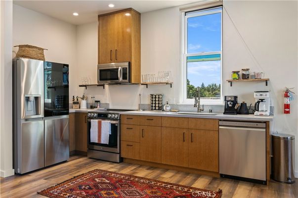 Interior, Kitchen, Recessed Lighting, Stainless Steel Appliances, Wood Texture Flooring