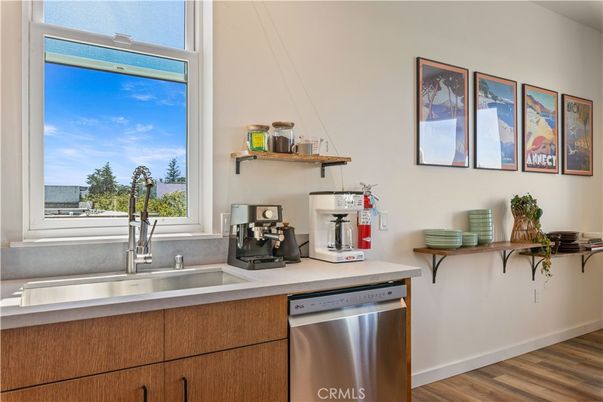 Interior, Kitchen, Stainless Steel Appliances, Water, Wood Texture Flooring
