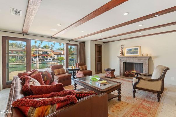 Fireplace, Interior, Living room, Recessed Lighting, Wooden Beams