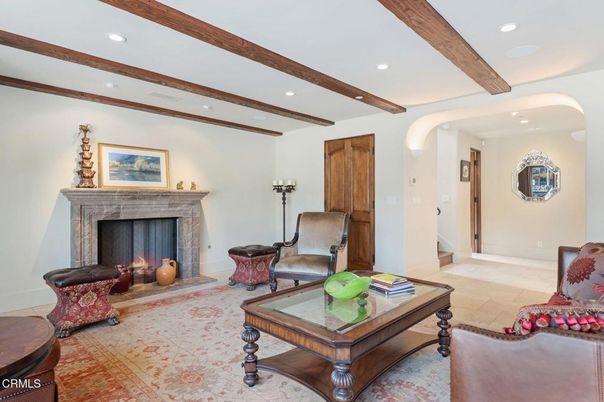 Fireplace, Interior, Living room, Recessed Lighting, Wooden Beams