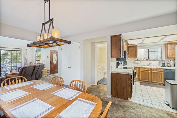 Dining room, Interior, Kitchen, Pendant Lights, Tile Countertops