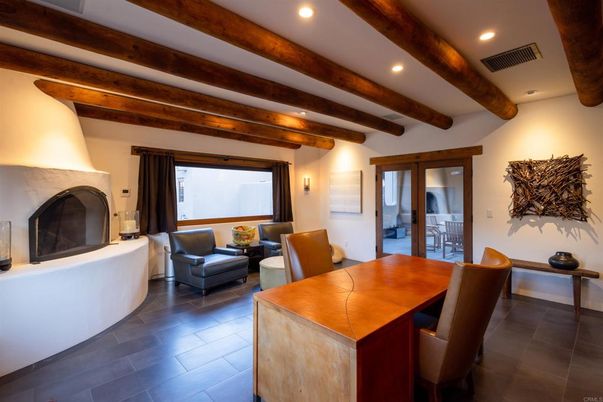 Dining room, Fireplace, Interior, Living room, Recessed Lighting, Wooden Beams