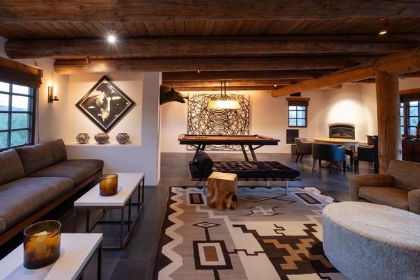 Billiard Table, Dining room, Fireplace, Game Room, Interior, Living room, Pendant Lights, Wooden Beams, Wooden Ceilings