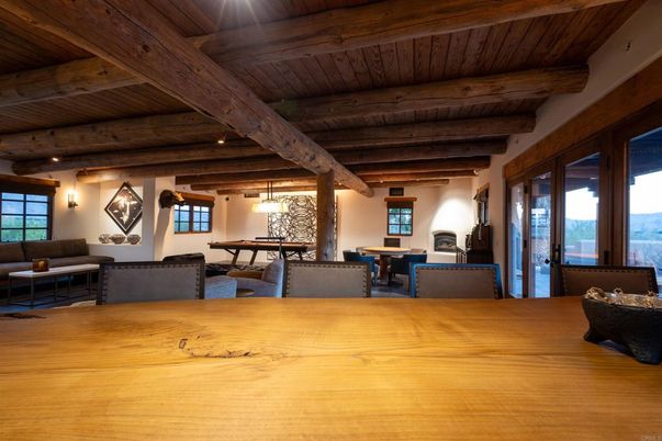 Dining room, Fireplace, Interior, Living room, Pendant Lights, Wooden Beams, Wooden Ceilings, Wood Texture Flooring