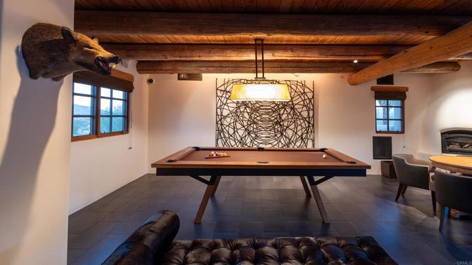 Billiard Table, Fireplace, Game Room, Interior, Pendant Lights, Wooden Beams, Wooden Ceilings