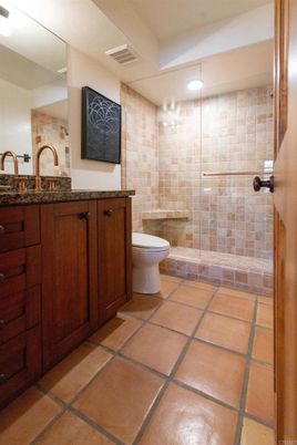 Bathroom, Glass Shower, Interior, Recessed Lighting, Stone Walls