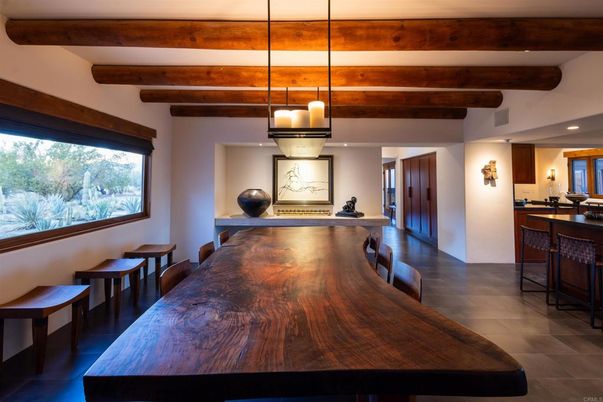 Dining room, Interior, Pendant Lights, Recessed Lighting, Wooden Beams
