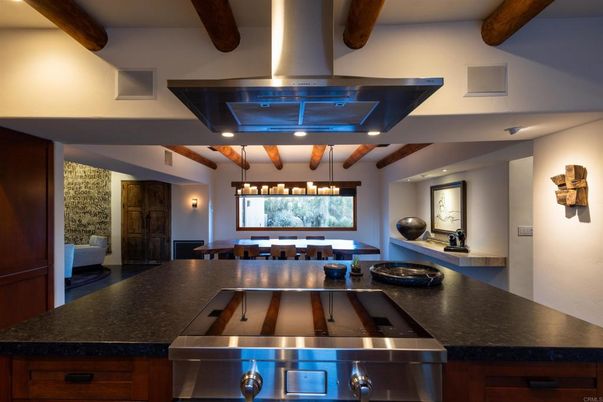 Dining room, Interior, Kitchen, Pendant Lights, Stainless Steel Appliances, Wooden Beams