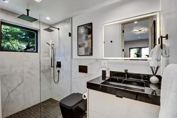 Bathroom, Glass Shower, Interior, Marble Walls, Recessed Lighting