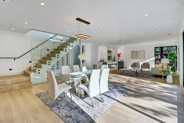 Dining room, Interior, Living room, Pendant Lights, Recessed Lighting, Wood Texture Flooring