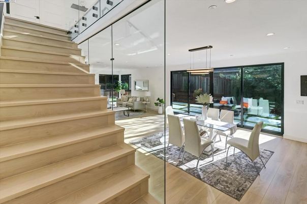 Dining room, Interior, Pendant Lights, Recessed Lighting, Wood Texture Flooring