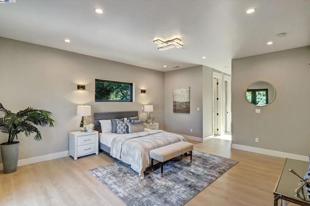 Bedroom, Interior, Recessed Lighting, Wood Texture Flooring