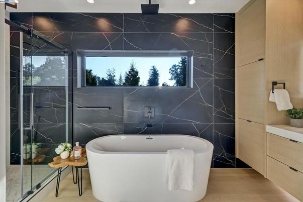 Bathroom, Free Standing Baths, Glass Shower, Interior, Marble Walls, Recessed Lighting