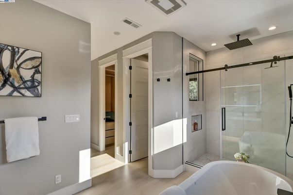 Bathroom, Glass Shower, Interior, Recessed Lighting, Wood Texture Flooring