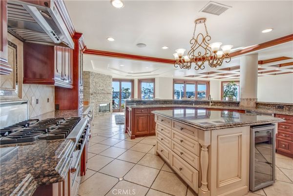 Chandelier, Fireplace, Interior, Kitchen, Recessed Lighting, Stone Walls