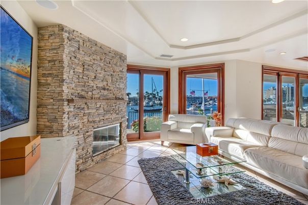 Fireplace, Interior, Living room, Recessed Lighting, Stone Walls, Water