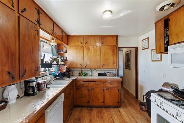 Interior, Kitchen, Tile Countertops, Wood Texture Flooring