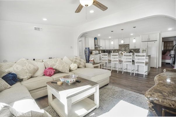 Dining room, Interior, Kitchen, Living room, Pendant Lights, Recessed Lighting, Stainless Steel Appliances, Wood Texture Flooring
