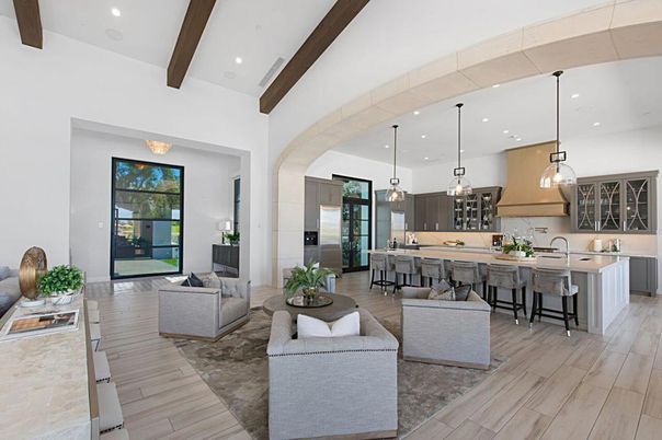 Interior, Kitchen, Living room, Pendant Lights, Recessed Lighting, Stainless Steel Appliances, Wooden Beams, Wood Texture Flooring