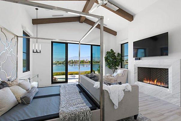Fireplace, Interior, Living room, Pendant Lights, Recessed Lighting, Water, Wooden Beams, Wood Texture Flooring