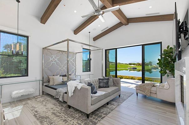 Fireplace, Interior, Living room, Recessed Lighting, Water, Wooden Beams, Wood Texture Flooring