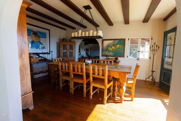 Dining room, Interior, Pendant Lights, Wooden Beams, Wood Texture Flooring