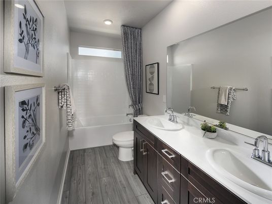 Bathroom, Dual Sink Vanities, Interior, Recessed Lighting, Wood Texture Flooring