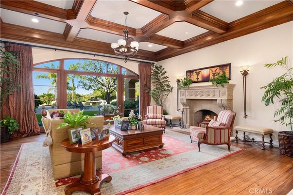 Chandelier, Fireplace, Interior, Living room, Recessed Lighting, Wooden Beams, Wood Texture Flooring