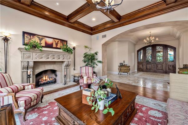 Chandelier, Fireplace, Interior, Living room, Recessed Lighting, Wooden Beams, Wood Texture Flooring