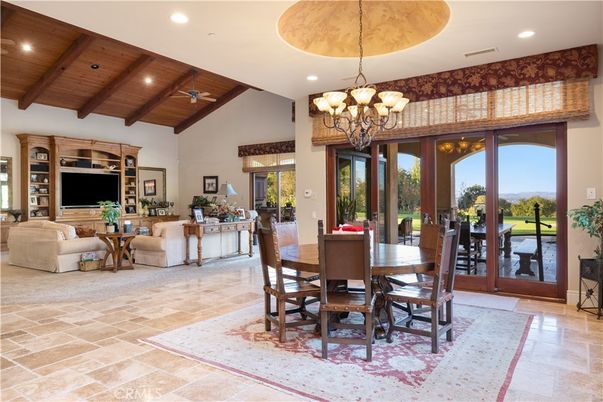 Chandelier, Dining room, Interior, Living room, Recessed Lighting, Wooden Beams, Wooden Ceilings