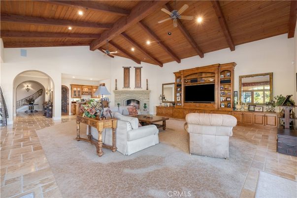 Fireplace, Interior, Living room, Recessed Lighting, Wooden Beams, Wooden Ceilings