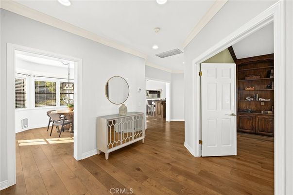 Dining room, Interior, Recessed Lighting, Wood Texture Flooring, Wooden Walls