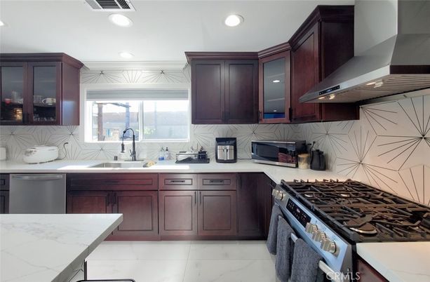 Interior, Kitchen, Marble, Recessed Lighting, Stainless Steel Appliances