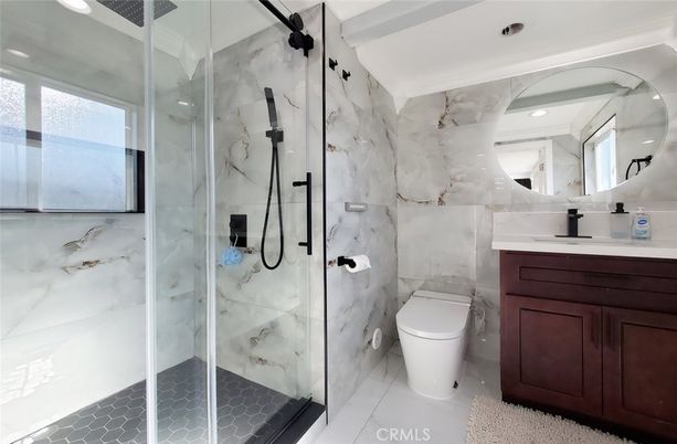 Bathroom, Glass Shower, Interior, Marble Walls, Recessed Lighting