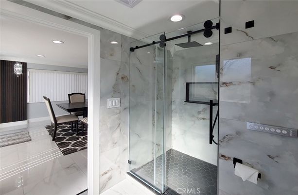 Bathroom, Glass Shower, Interior, Marble Walls, Recessed Lighting