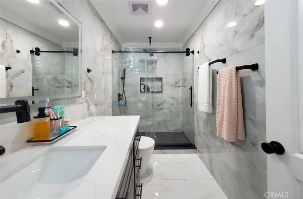 Bathroom, Glass Shower, Interior, Marble, Marble Walls, Recessed Lighting