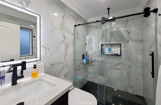 Bathroom, Glass Shower, Interior, Marble Walls, Recessed Lighting